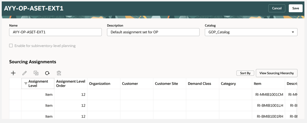 ソーシング割当の割当レベル列に列フィルタを適用した後の結果