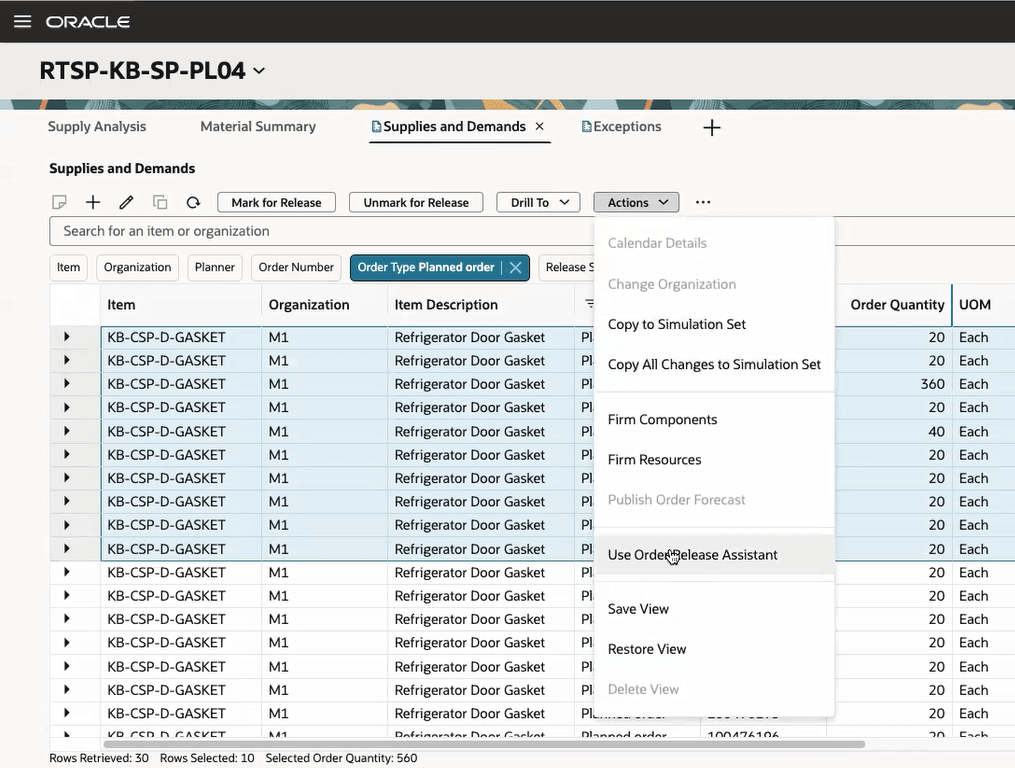 オーダー・リリース・アシスタント処理メニュー