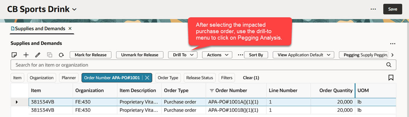 「ドリル先」メニューを使用したペギング分析のオープン