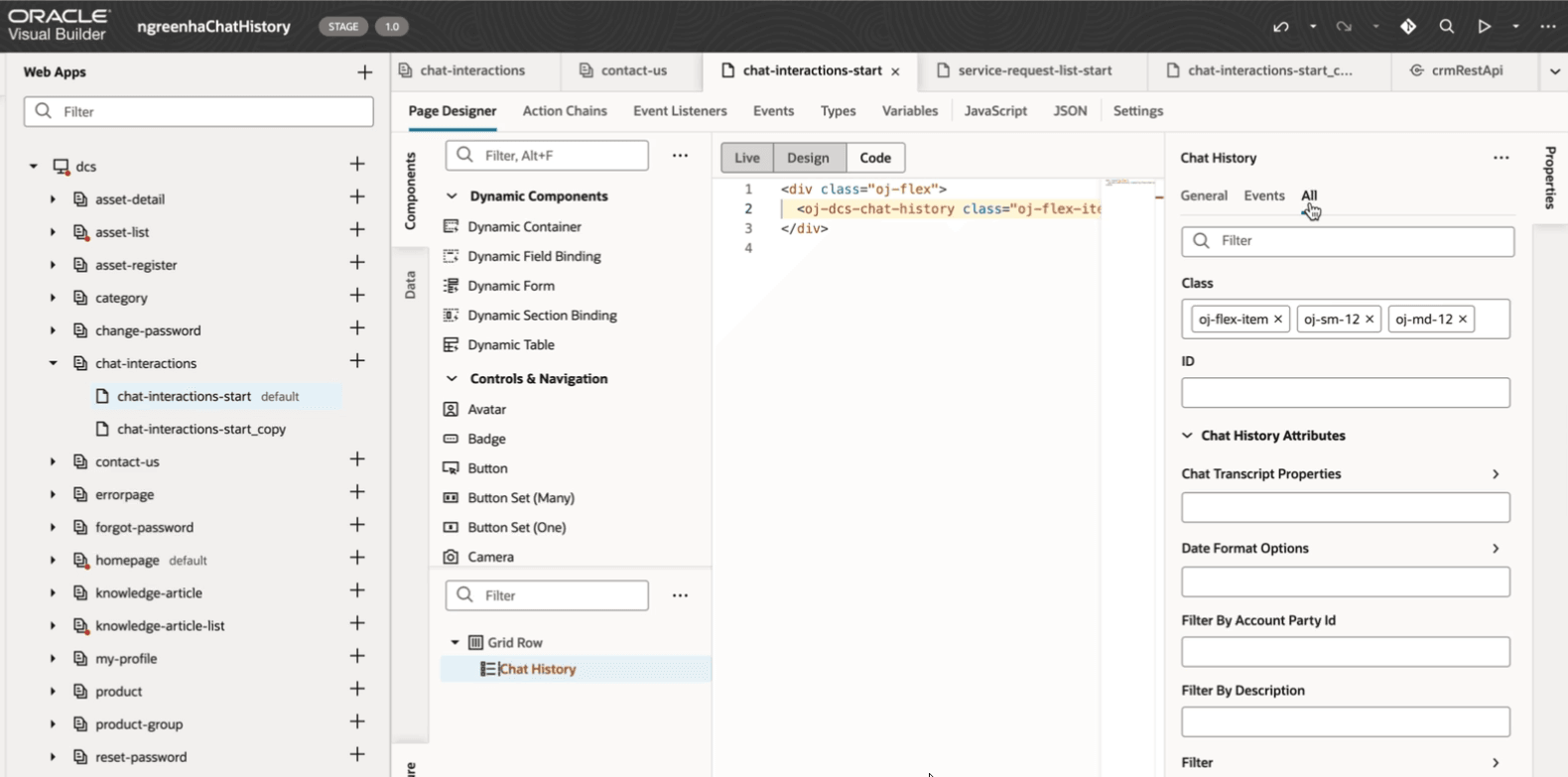 Visual Builderエディタのプロパティを含むチャット履歴コンポーネント