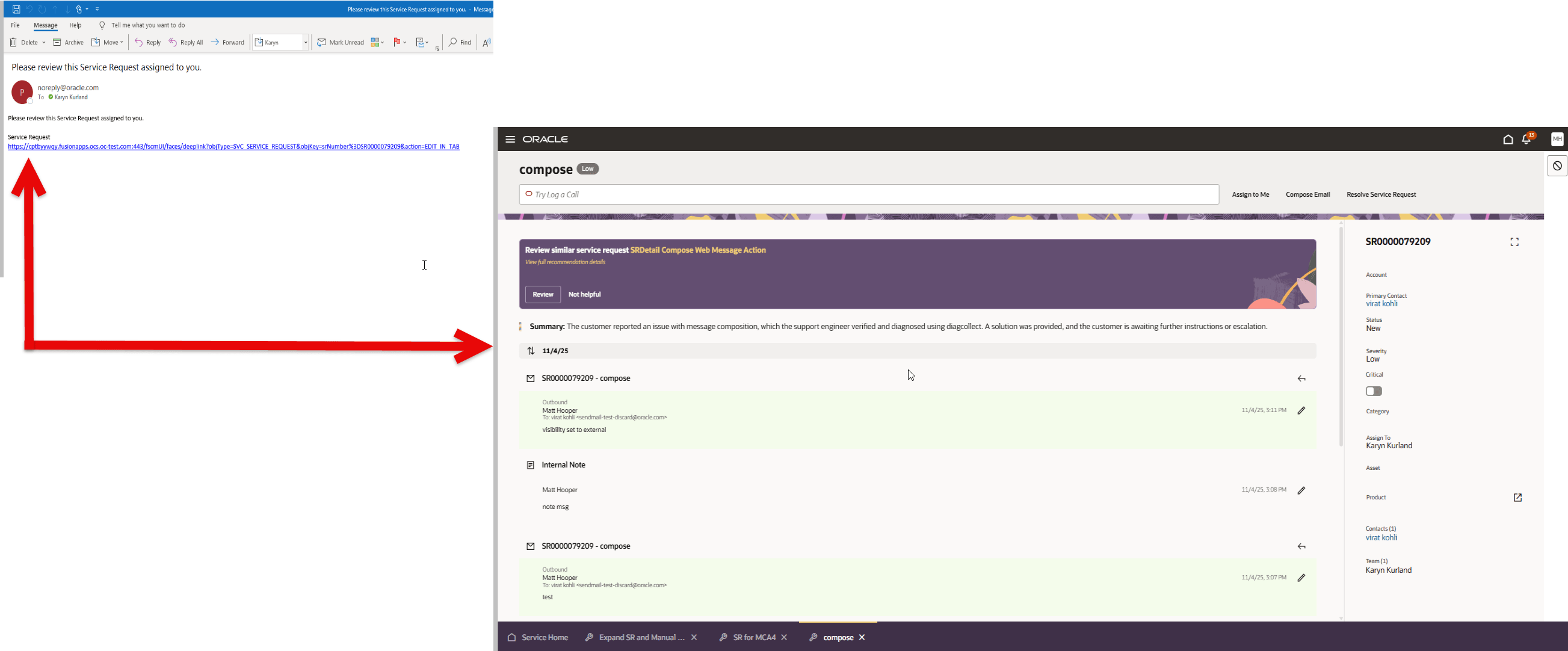 Eメール・リンク・オープンのRedwoodサービス要求詳細ページ