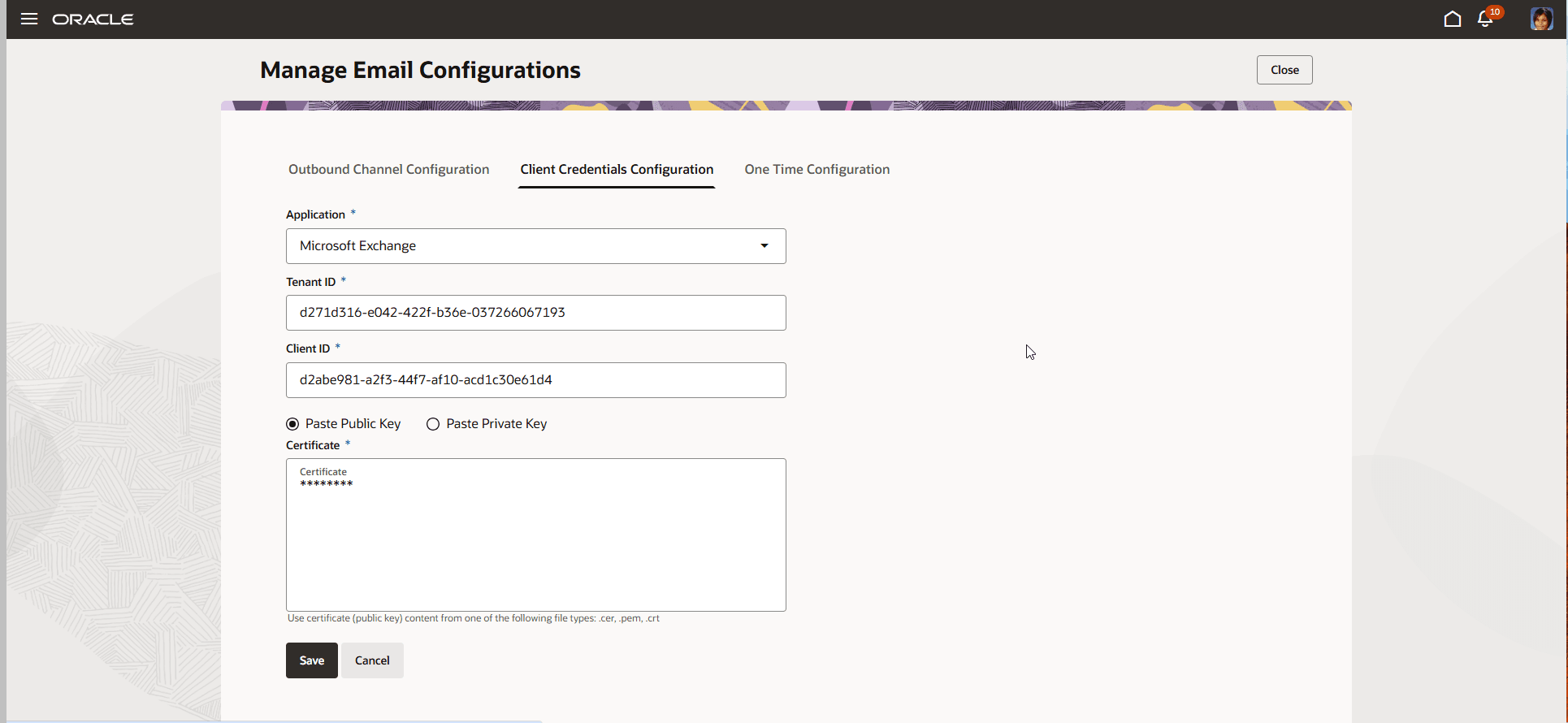 Microsoft Exchangeクライアント資格証明の構成情報