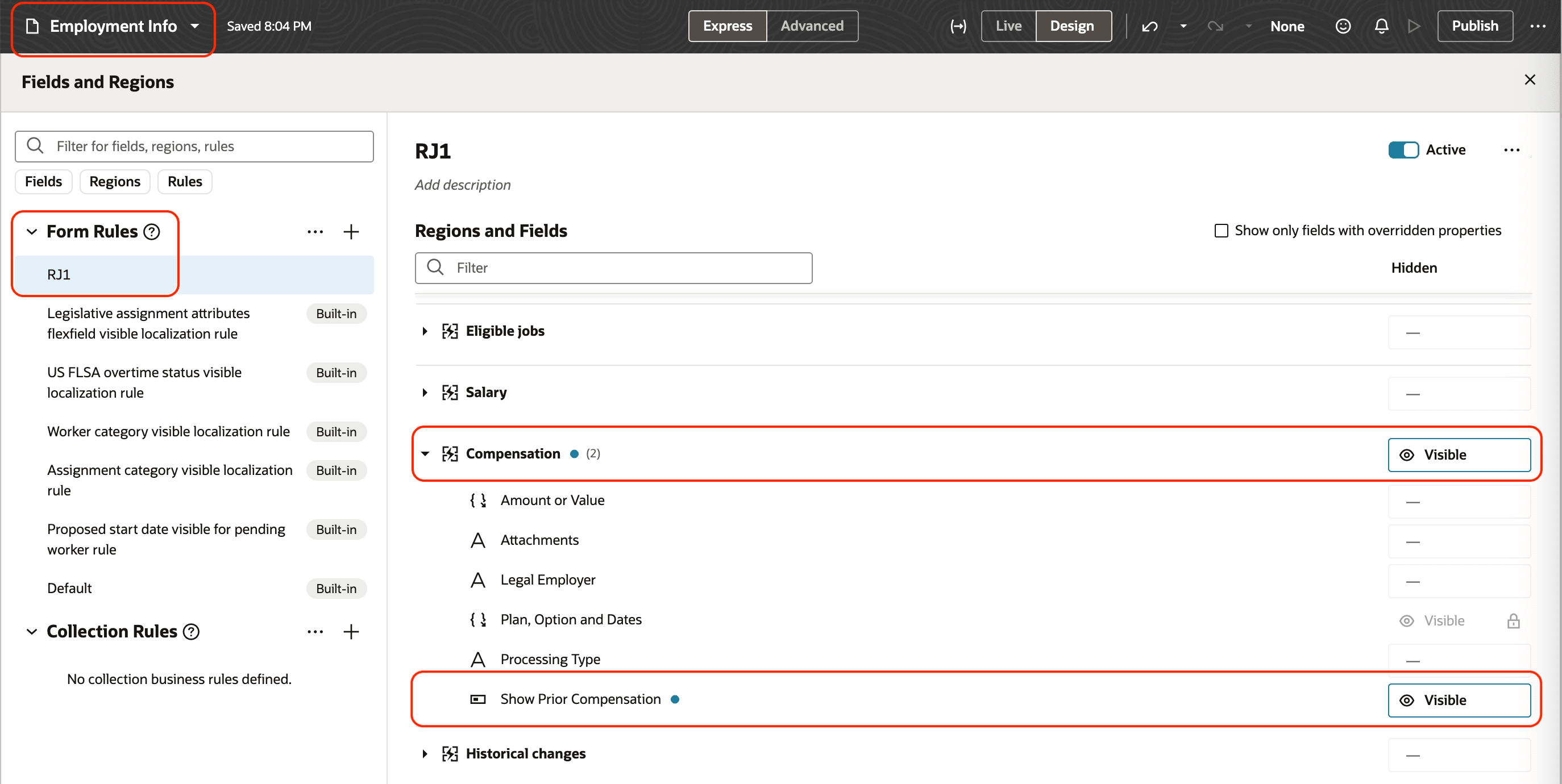 前の報酬を表示するために非表示プロパティ・セットを表示
