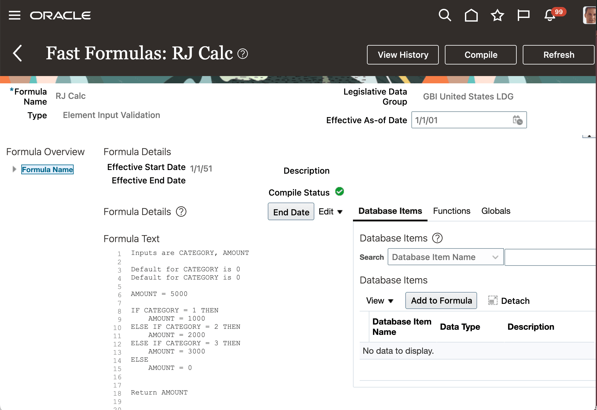 カテゴリが1、2または3の場合は1000、2000または3000の金額をそれぞれ割り当てるFastFormula