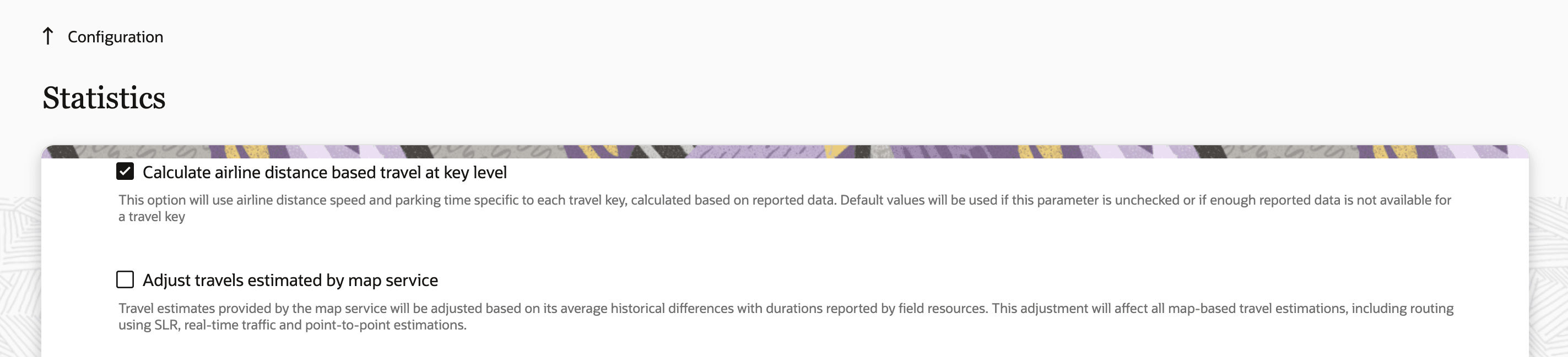 このスクリーンショットは、「統計」ページの「マップ・サービスによって推定される移動の調整」チェック・ボックスを示しています。