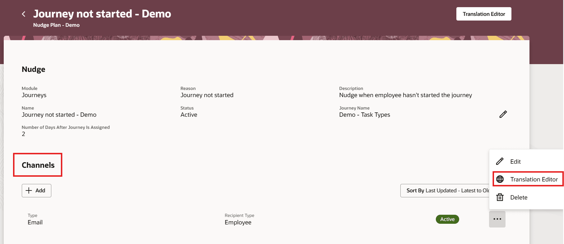 ユーザー定義コンテンツEメール・ナッジ・チャネルの翻訳エディタ