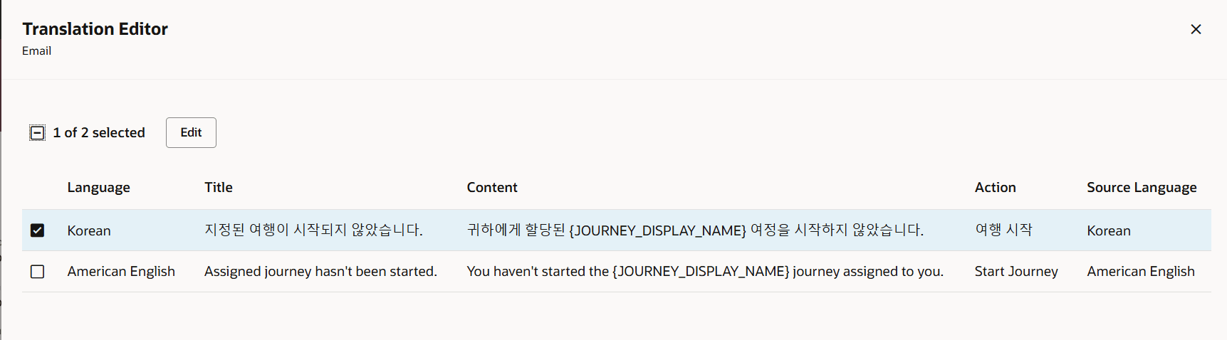 Eメール・コンテンツに追加された翻訳済値