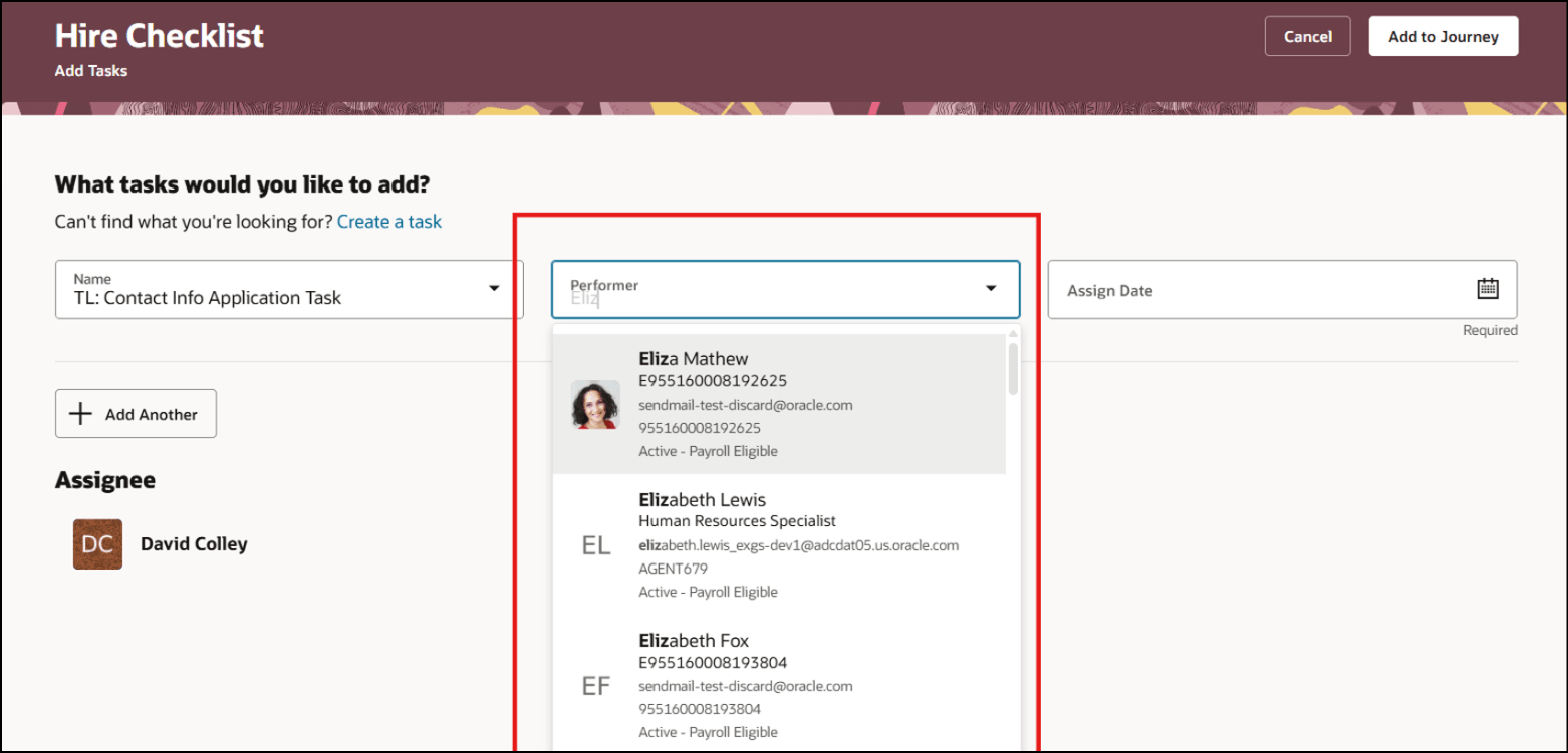 ジャーニ・タスクの追加中の就業者LoV