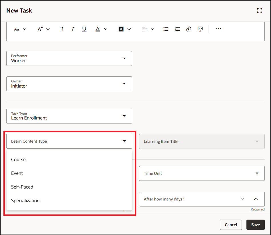 新規イベントおよび自己ペース学習コンテンツ・タイプ