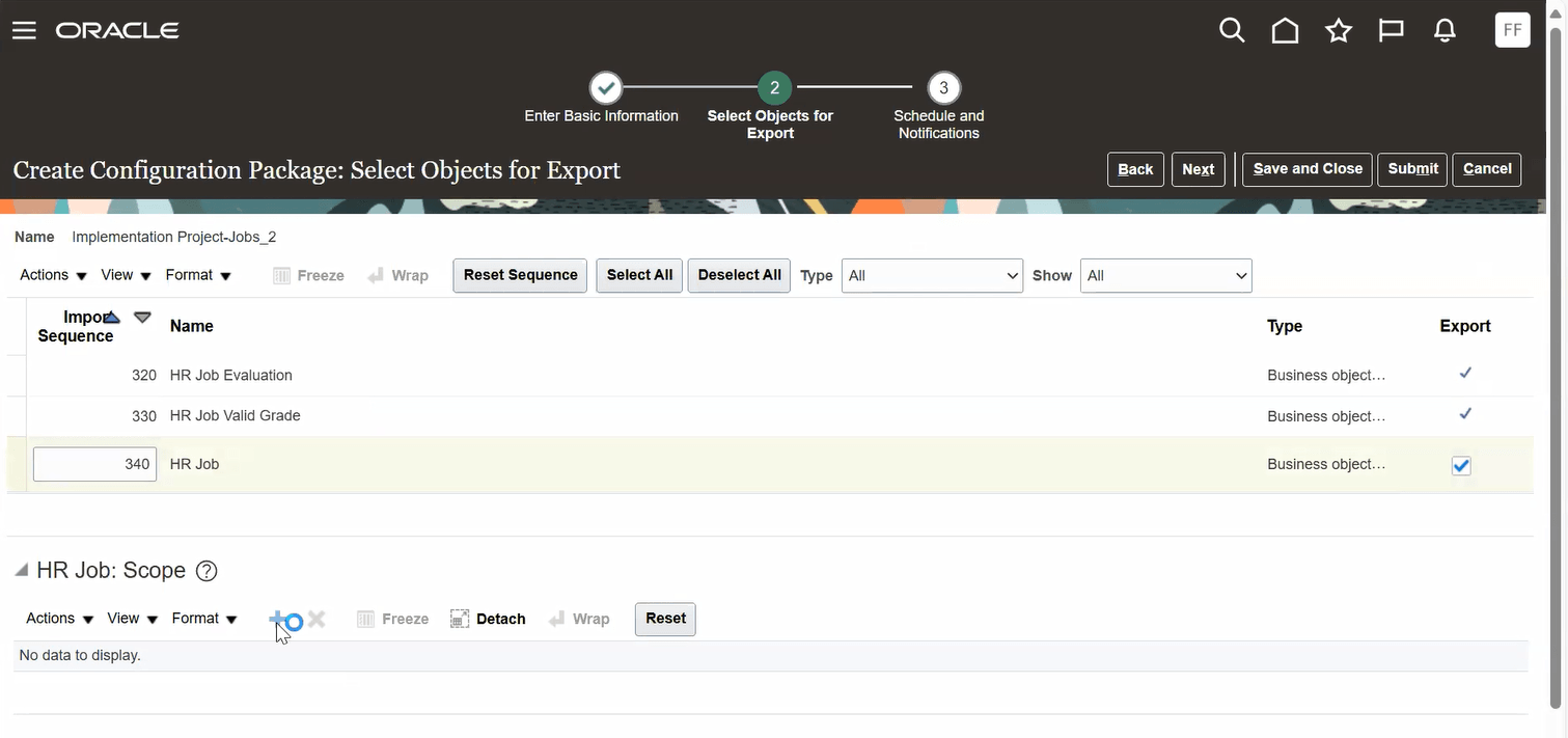 構成パッケージを使用したエクスポート用オブジェクトの選択