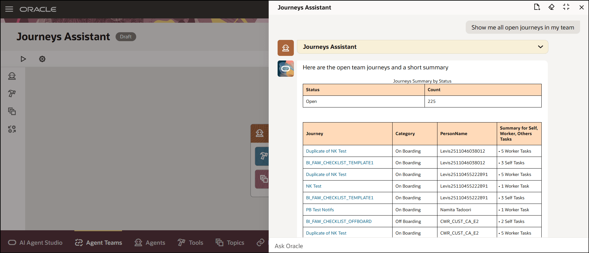 自分のチームのオープン・ジャーニをすべて表示するためのプロンプト