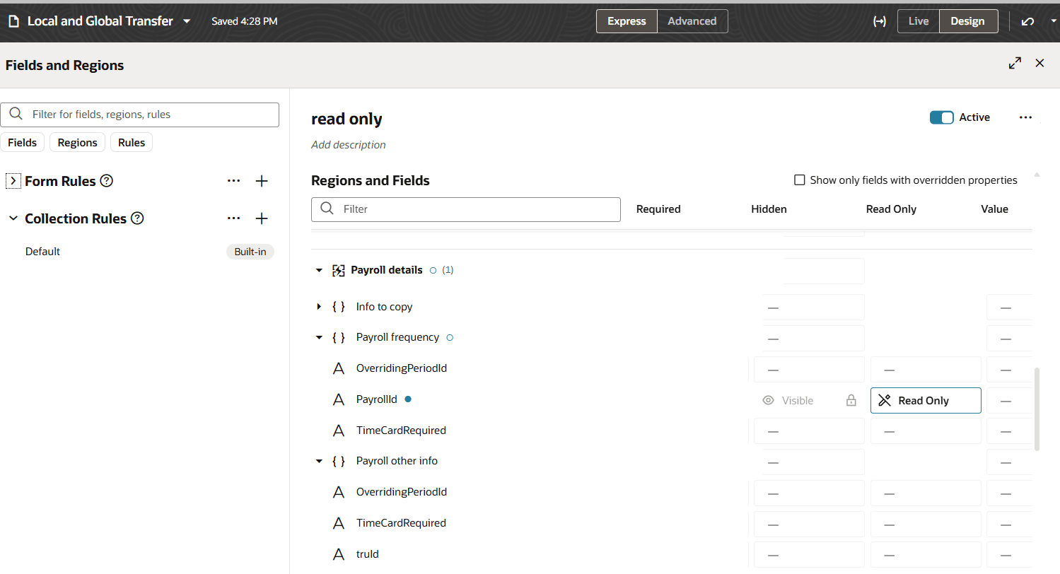 給与属性は、ローカルおよびグローバル異動で読取り専用に設定できます