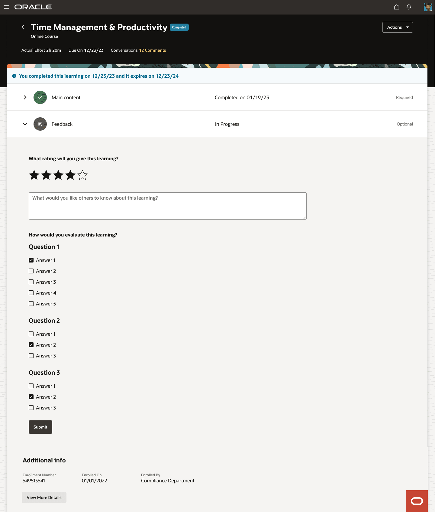 メイン・コンテンツの後のフィードバック・アクティビティを含む自己ペース学習の登録詳細ページ