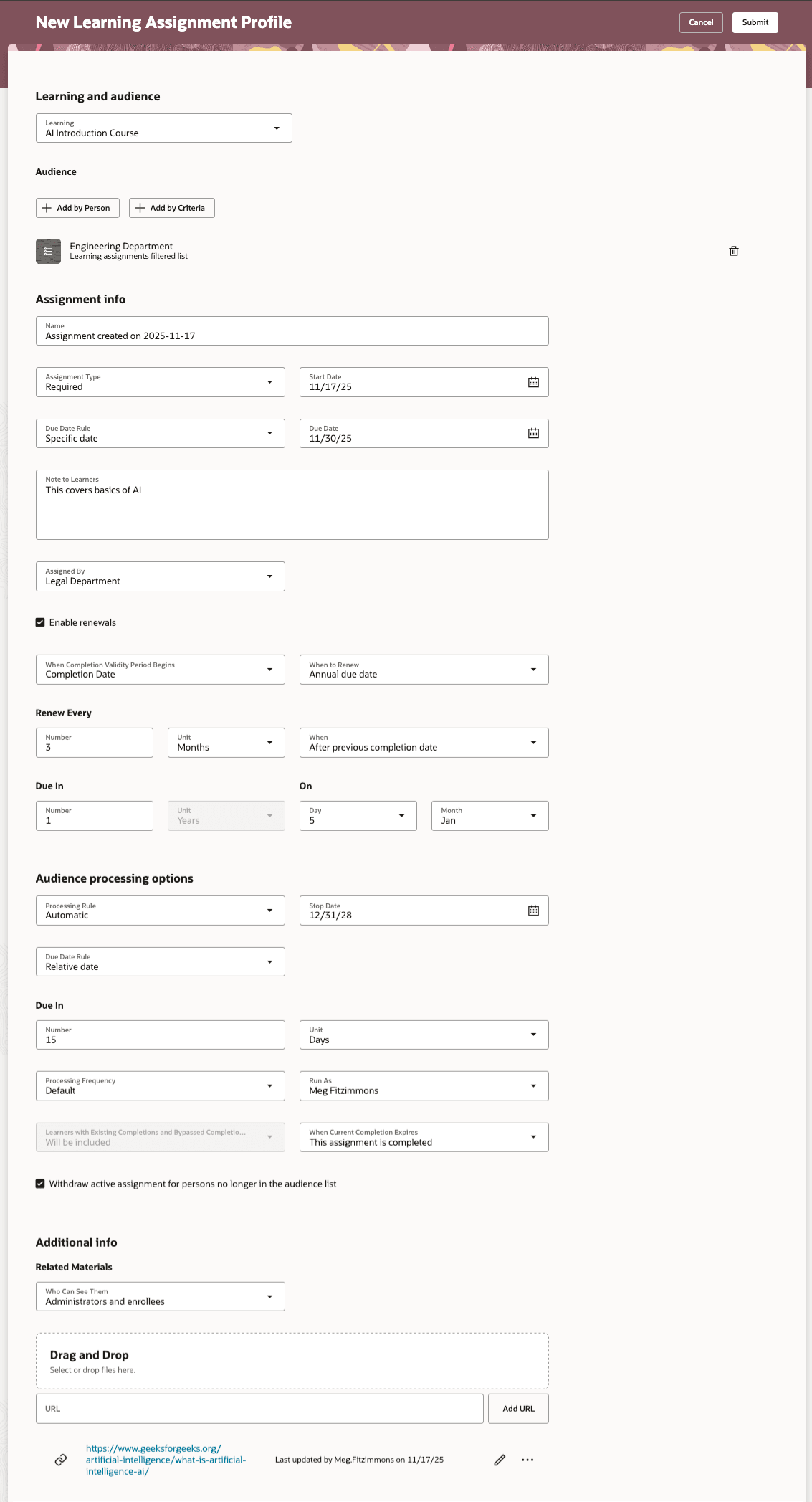 新規学習割当プロファイル・ページ