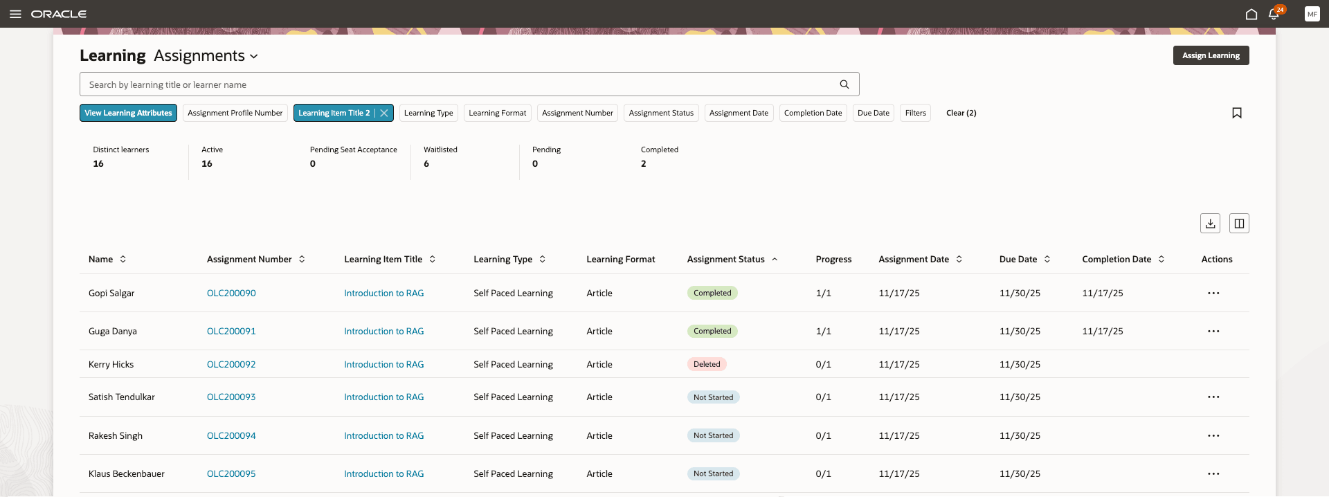 「学習割当」ページ