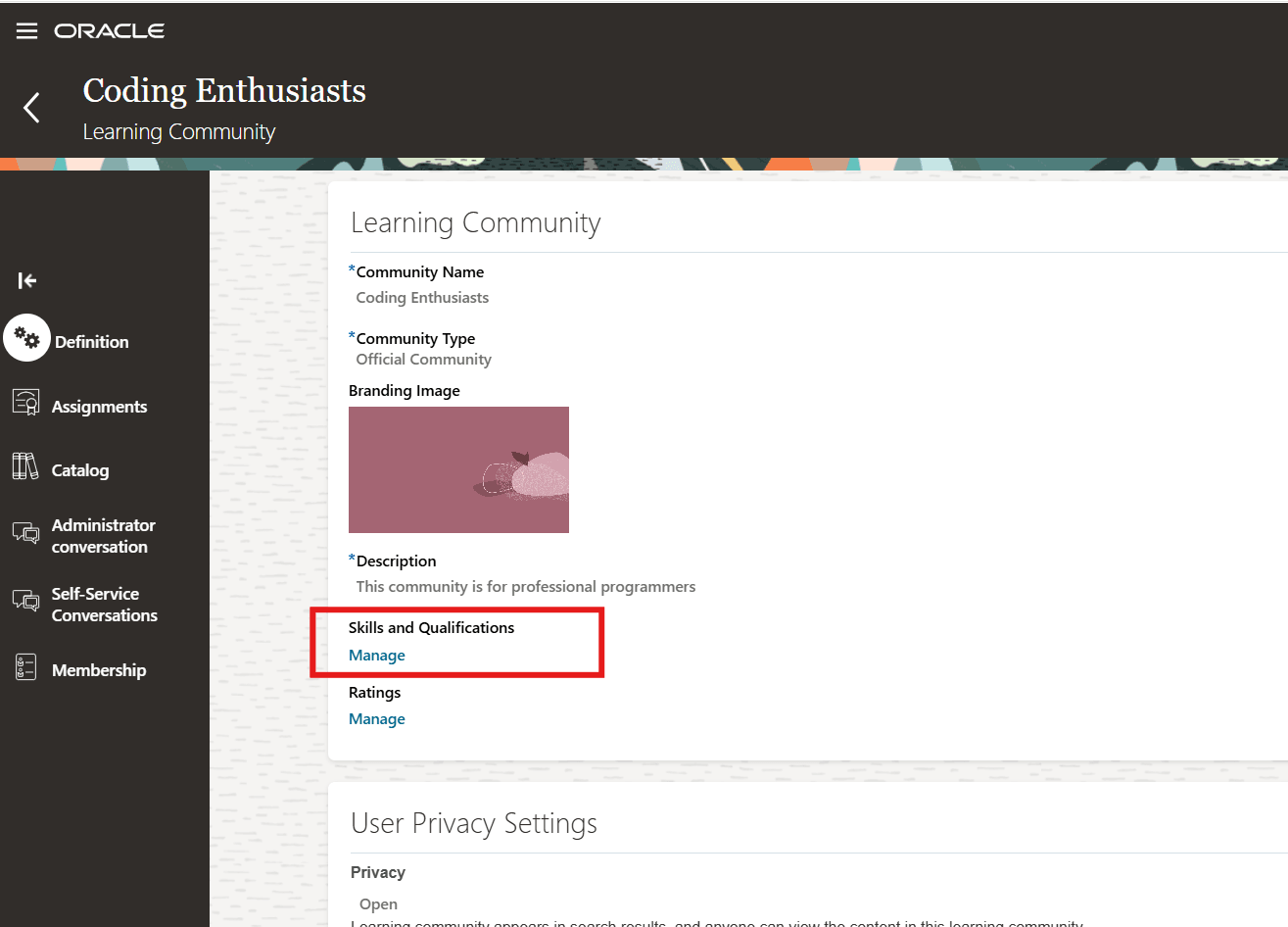 「スキルおよび資格」セクションおよび「管理」リンクが表示された「学習コミュニティ」ページ
