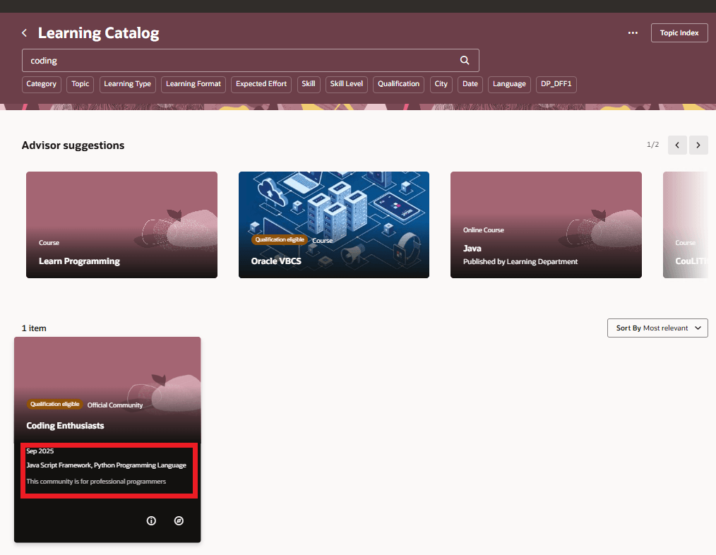 コミュニティ・カードにマウス・ポインタを重ねるとスキルおよび資格情報を表示する「学習カタログ」ページ