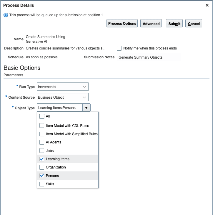 生成AIプロセスを使用した新規要約の作成のプロセス詳細ページ