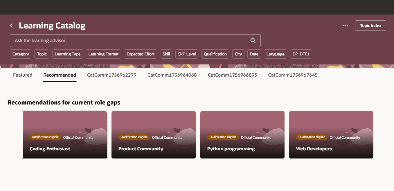 公式コミュニティ推奨が表示された学習者の学習カタログ・ページ