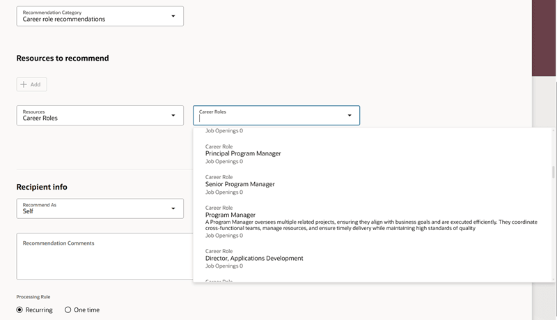 「推奨するリソース」セクションの「キャリア・ロール」オプション
