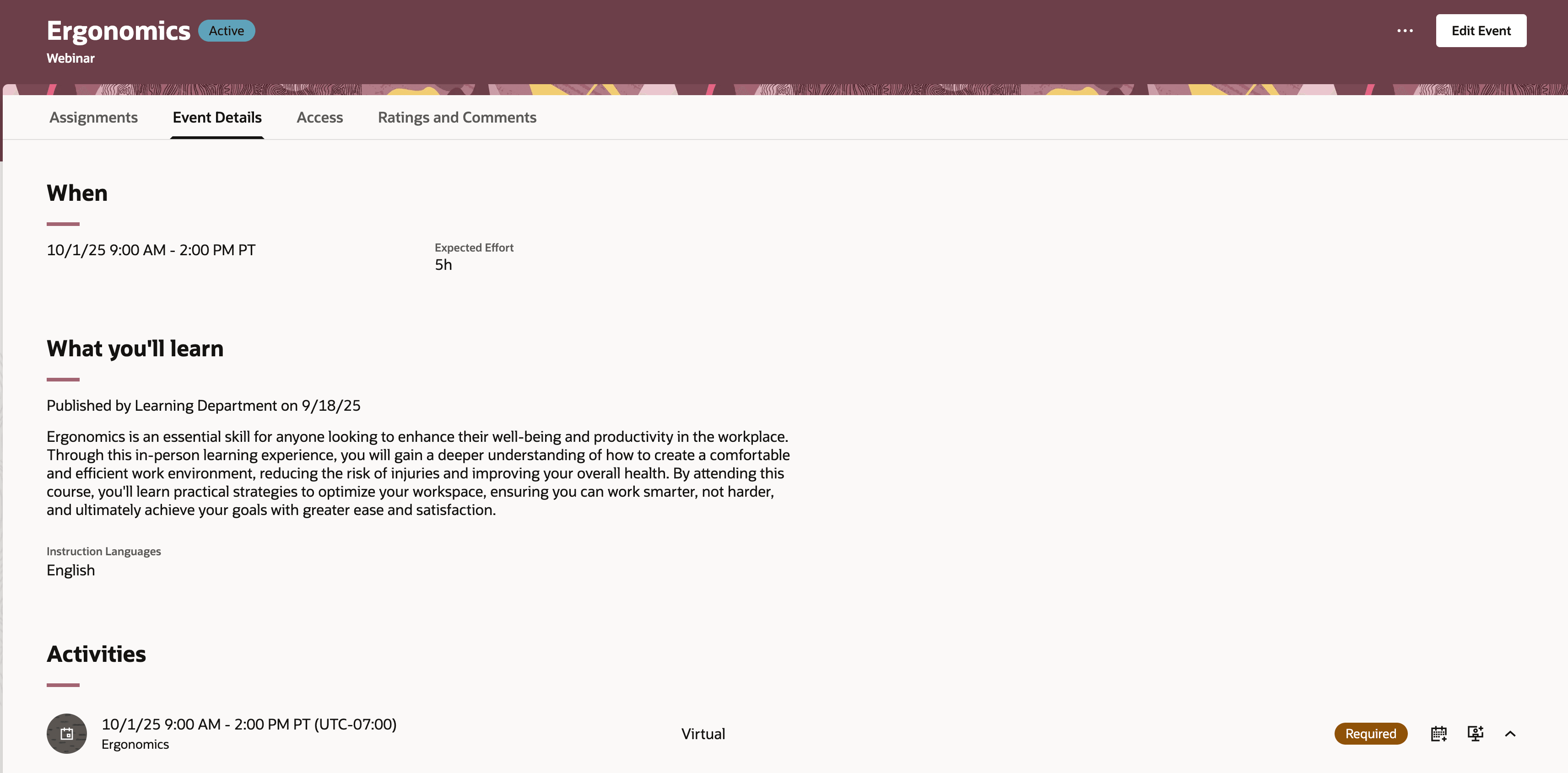 学習スペシャリストのイベント詳細ページ
