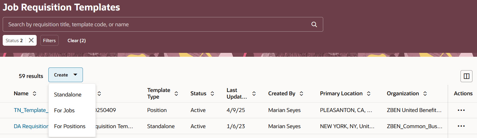 ジョブ求人テンプレートを作成するオプション