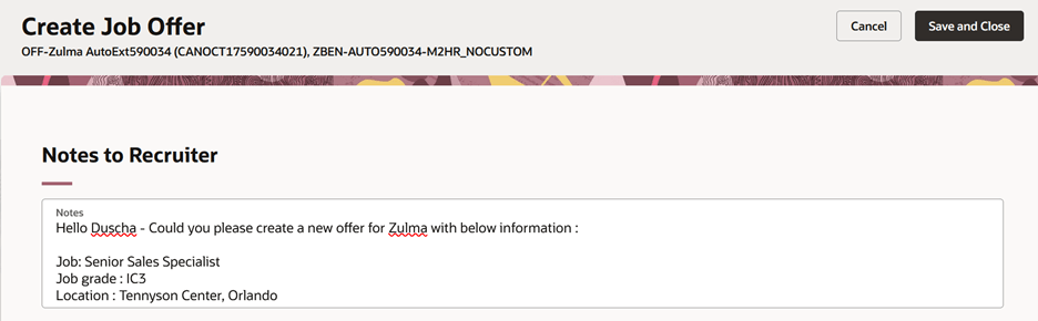「ジョブ・オファーの作成」ページでの採用担当者へのノート