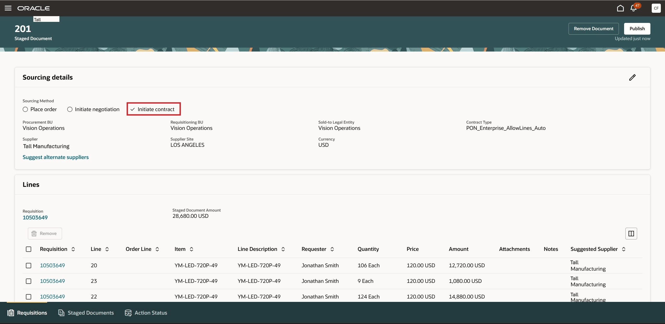 契約ソーシング方法の開始のステージング済文書