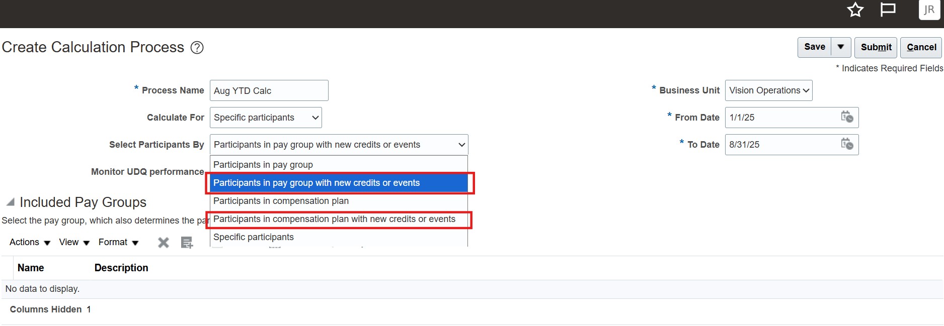 支払グループまたは報酬プランの特定の参加者の計算