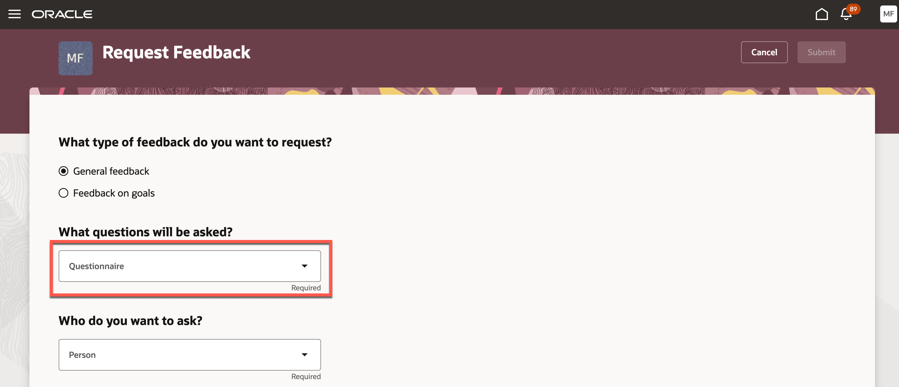 複数のフィードバック・テンプレートが使用可能な場合に質問リストを選択するオプション
