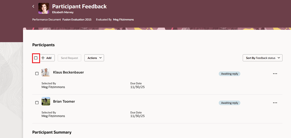 「すべて選択」オプションが強調表示された「参加者フィードバック」ページのスクリーンショット。