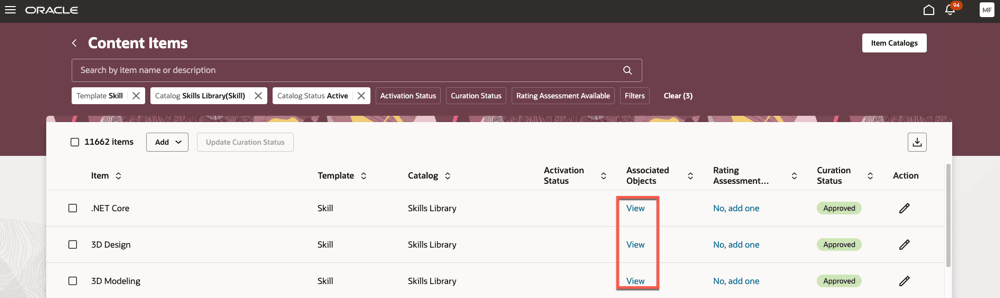コンテンツ・アイテムが使用されているアプリケーションのリストを表示するためのリンク