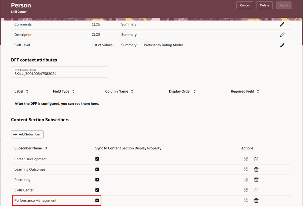パフォーマンス管理が追加された「コンテンツ・セクション・サブスクライバ」セクションに強調表示された「個人」ページのスクリーンショット。