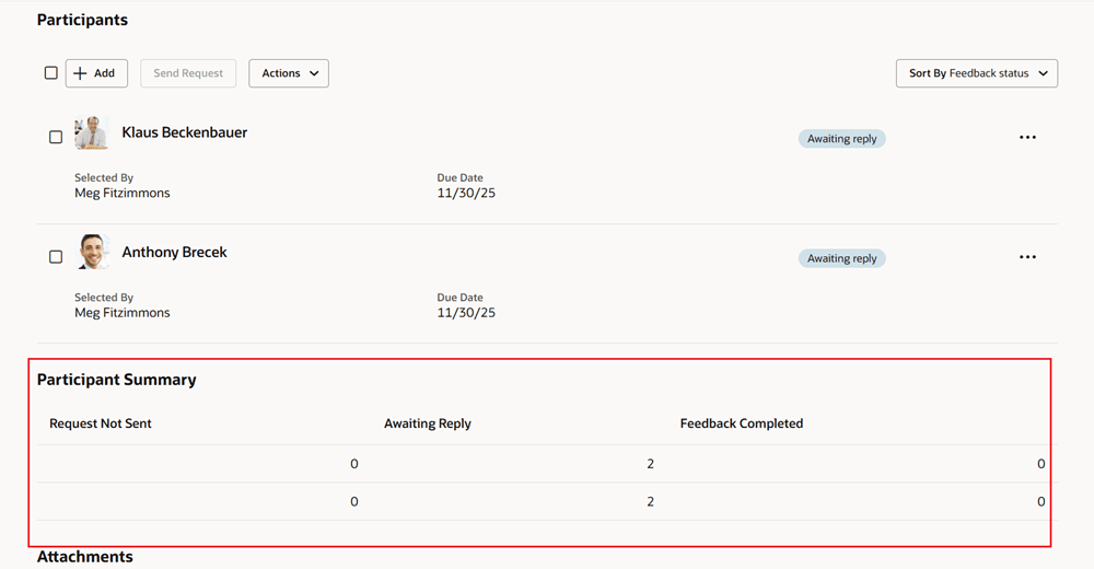 「参加者要約」表が強調表示され、ロール列が表示されていない「参加者の管理」ページのスクリーンショット。