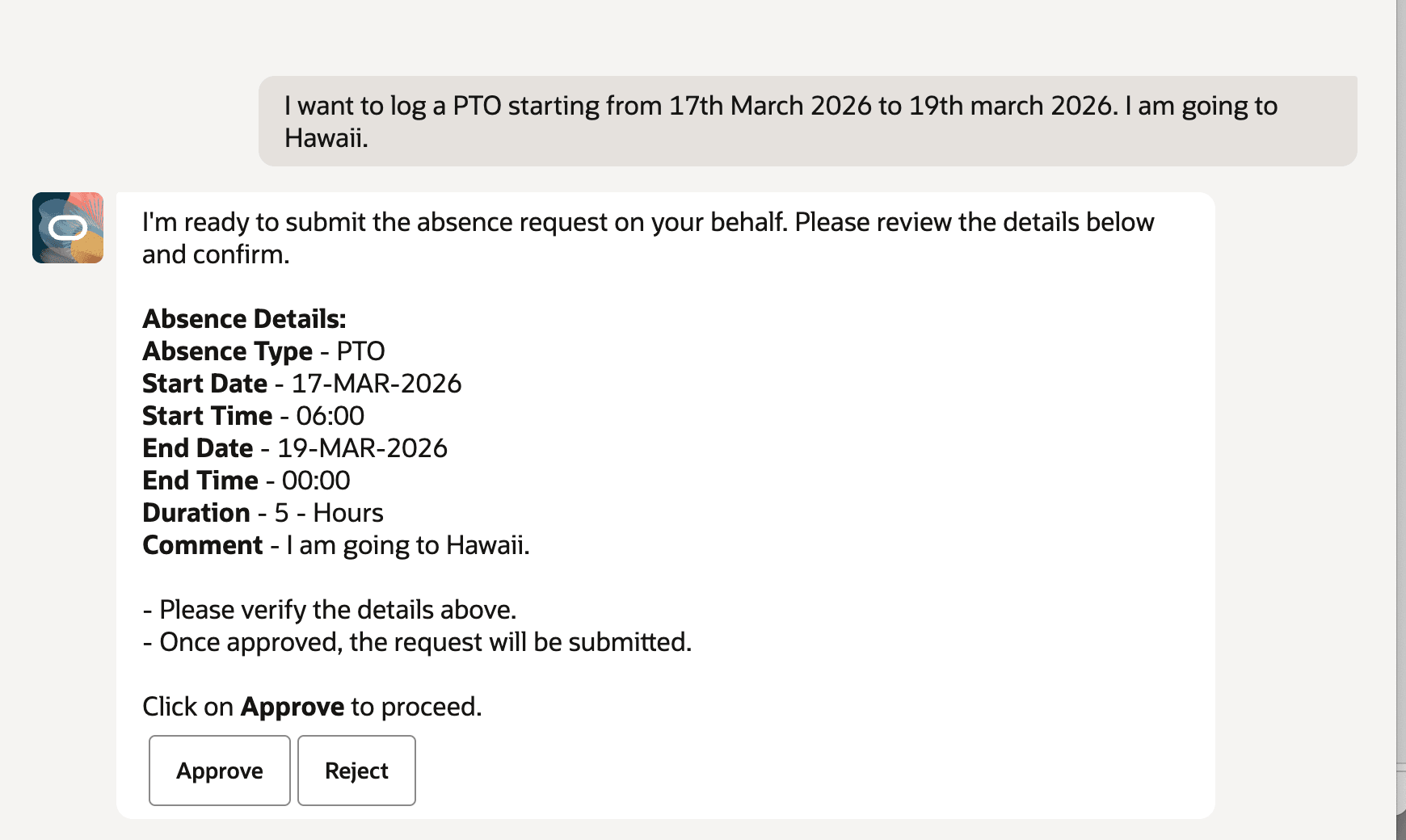 PTOを記録する休暇アシスタントのスクリーン・グラブ
