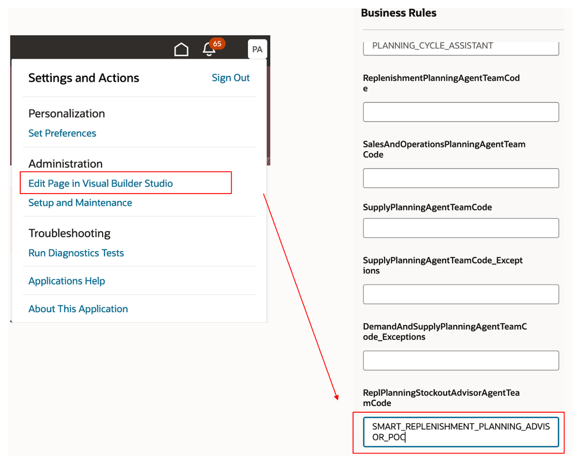 「設定およびアクション」メニューおよび「ビジネス・ルール」パネル