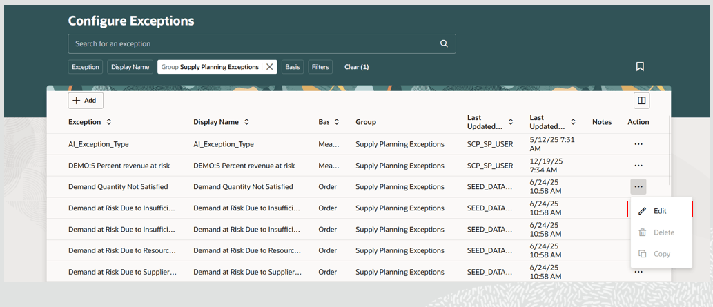 オーダーベース例外に対する編集処理の選択