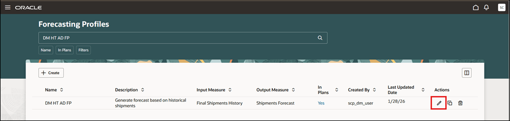 選択した予測プロファイルの「編集」アイコン