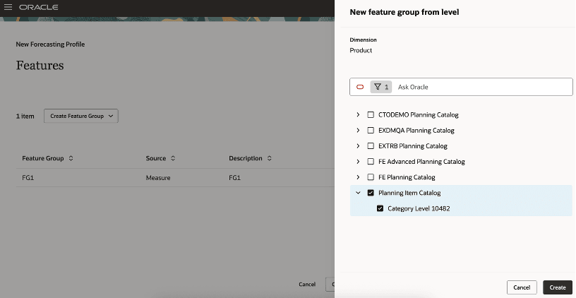 外部機械学習の製品ディメンション・レベルに基づいて機能グループを作成するためのドロワー