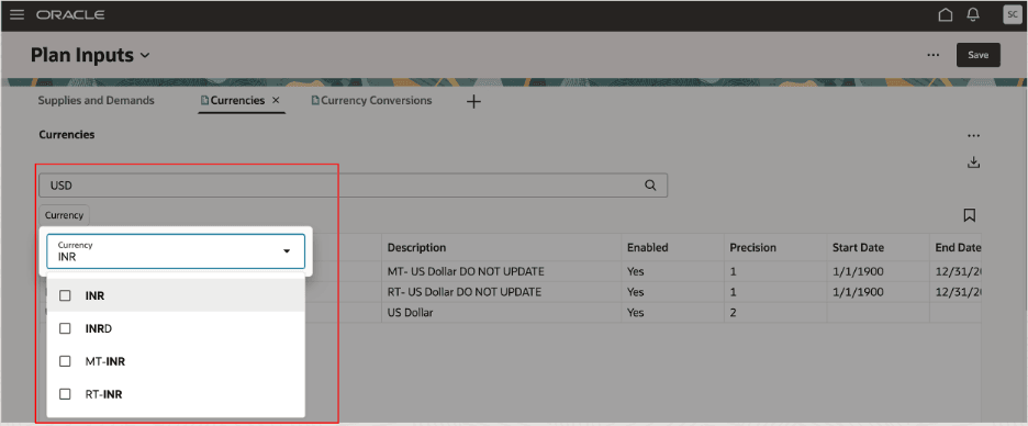 通貨表の検索バーおよび推奨フィルタ