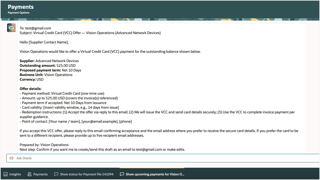 ユーザーは、 仮想クレジット・カード・オファー草案をプレビューできます