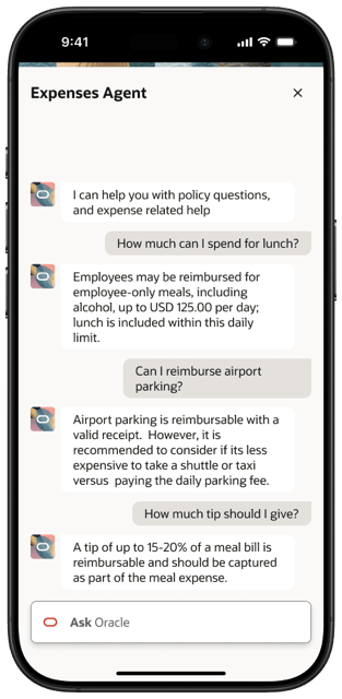 エージェントは経費ポリシーおよびアプリケーション関連の質問に回答します