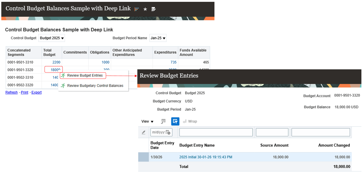 予算入力をレビューするための予算残高金額のドリル