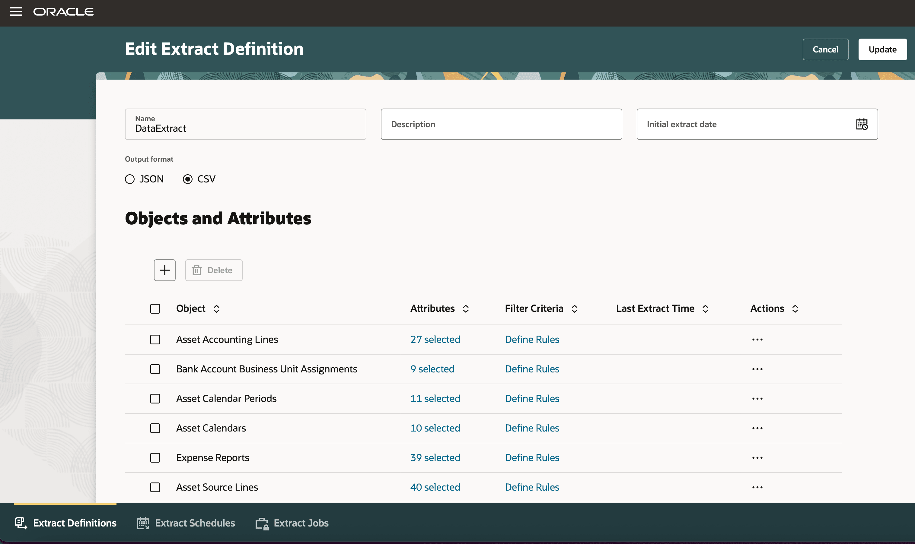 データ抽出- ルールの追加、オブジェクトの属性の選択