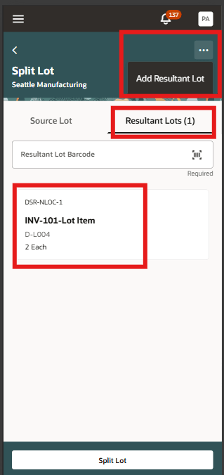 分割ロットの結果ロット