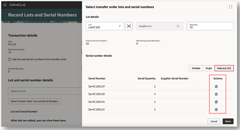 選択したロットおよびシリアル番号のレビュー