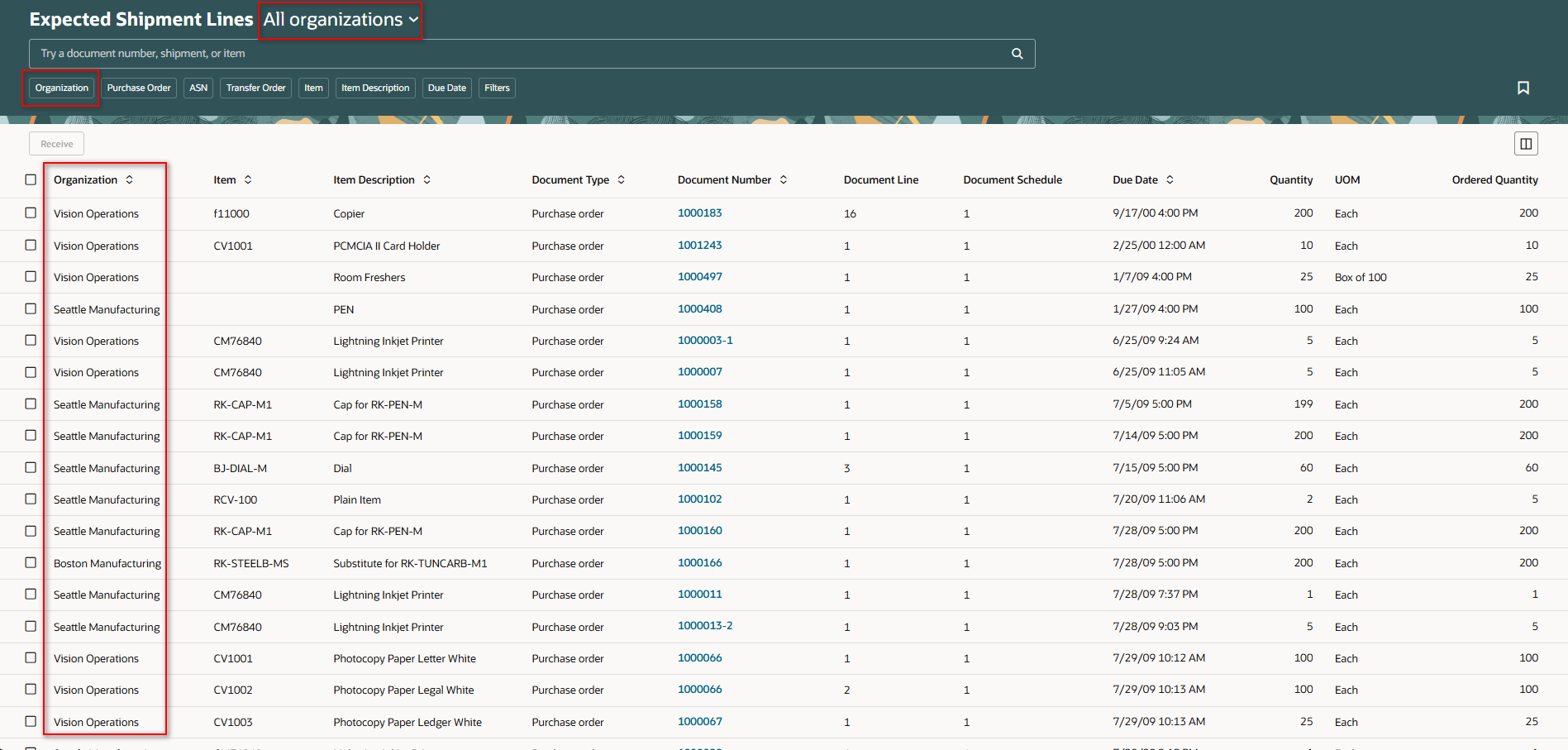 「すべての組織」に対する組織フィルタ使用可能