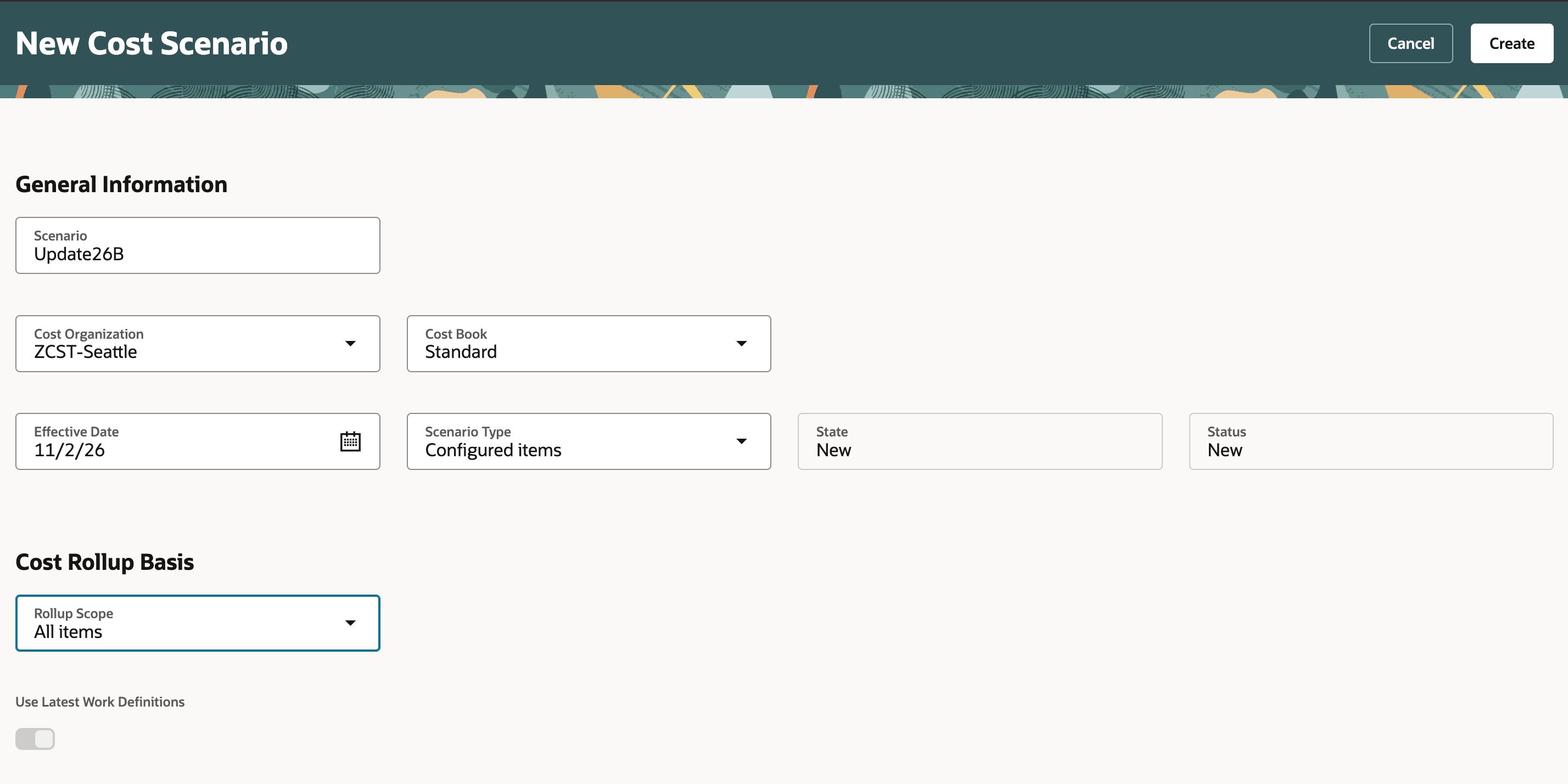 「全品目」積上スコープを持つ構成品目タイプの原価シナリオ