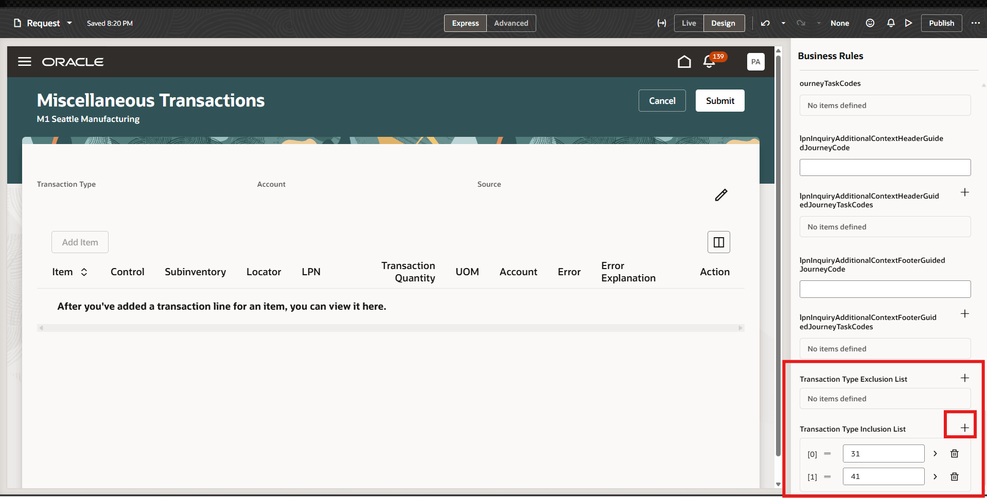 ビジネス・ルールによるトランザクション・タイプの除外