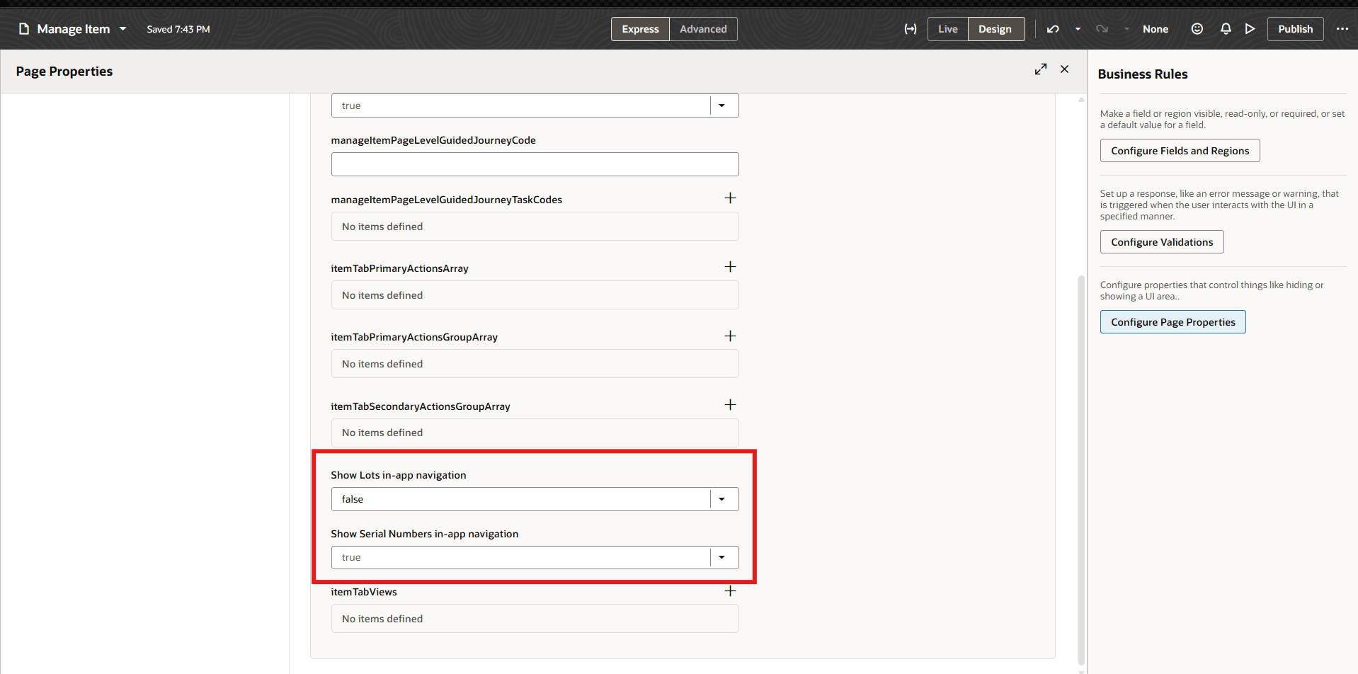 「ロットおよびシリアル」タブのプロパティの更新